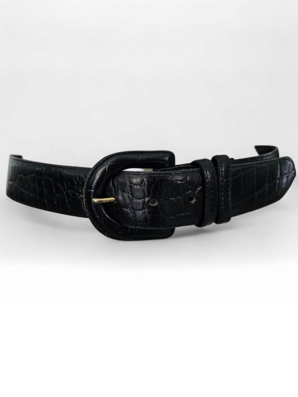 CIPRIANI Vtg Women Black Alligator Calfskin Croc Embossed 1.5" Wide Belt M